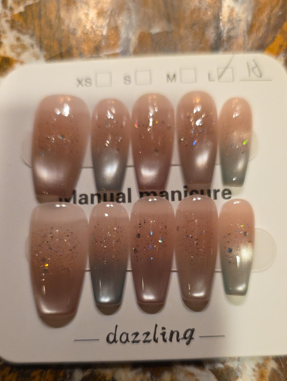 False Nail Set in Nude with Silver Ombre and Glitter - Dazzling Size Large